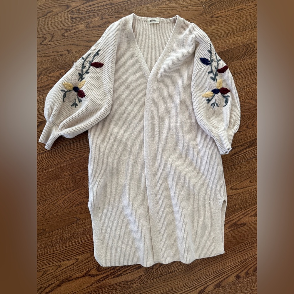 Floral Embroidered Balloon Sleeve Open Cardigan Cottagecore Coquette Oversized S